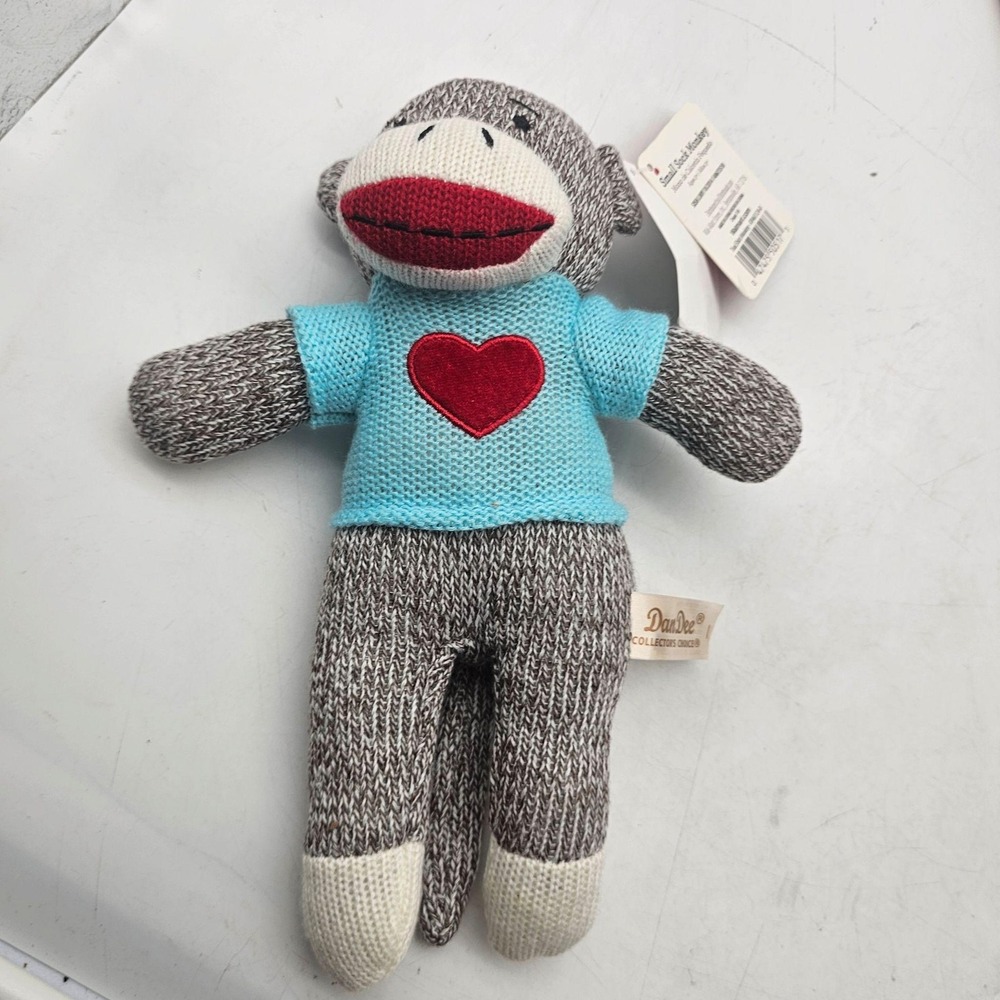 Dan Dee Collectors Choice Sock Monkey Plush Stuffed Toy Small Teal Shirt Heart